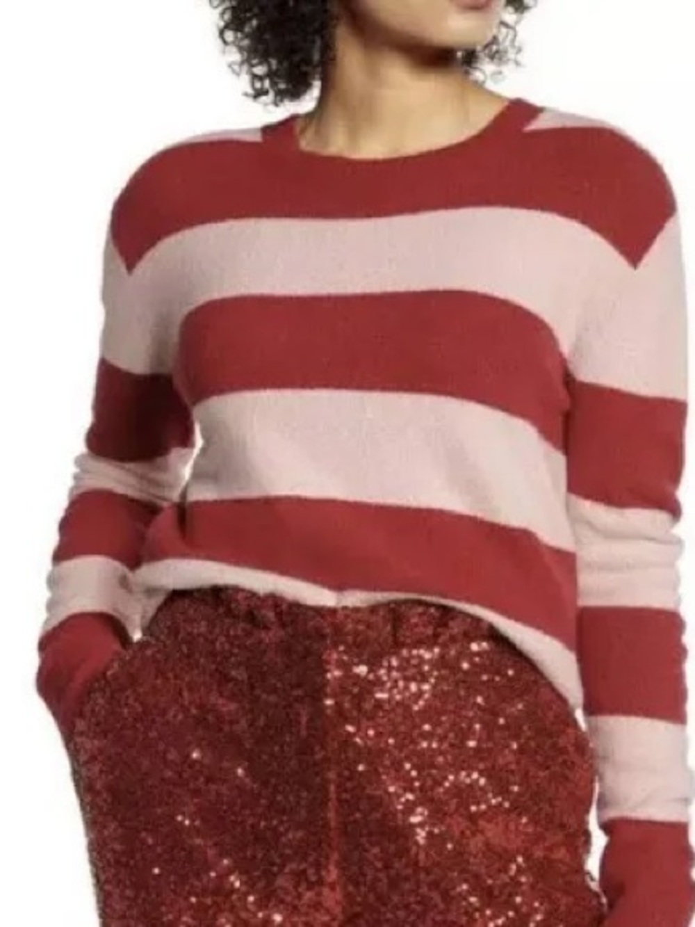 Halogen Atlantic Pacific Red and Light Pink Striped Crewneck Sweater